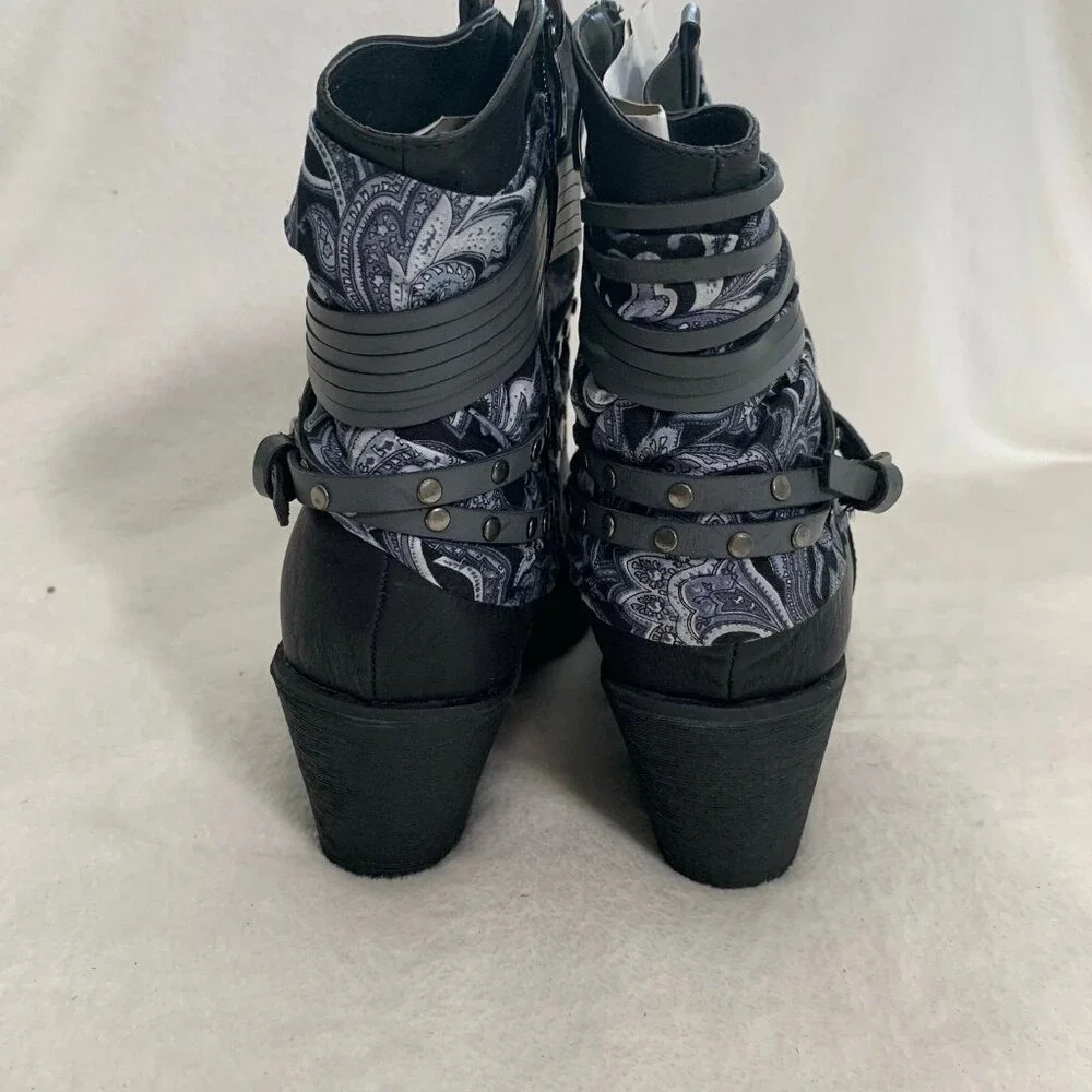 NEW Nature Breeze Ankle Boots Women 11 Black Paisley Studded Strappy‎ Block Heel